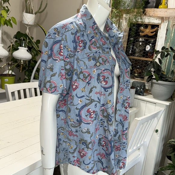 VTG 80s Liz wear Floral/paisley Blue Short Sleeve button down Shirt with pockets - Picture 3 of 13